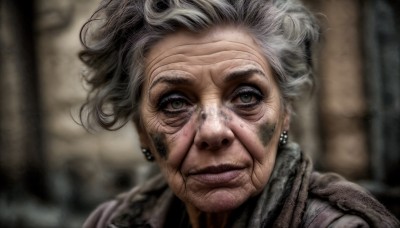 HQ,1girl,solo,looking at viewer,short hair,jewelry,closed mouth,white hair,grey hair,earrings,blurry,lips,grey eyes,depth of field,blurry background,portrait,realistic,old,old woman,wrinkled skin,green eyes,scarf,scar,piercing,dirty