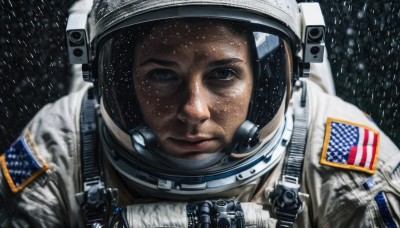 solo,looking at viewer,blue eyes,1boy,upper body,male focus,signature,blurry,lips,helmet,snow,reflection,science fiction,rain,realistic,american flag,spacesuit,japanese flag,astronaut,space,united states