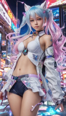 1girl,solo,long hair,breasts,looking at viewer,smile,bangs,hair ornament,long sleeves,navel,animal ears,cleavage,hair between eyes,bare shoulders,twintails,brown eyes,jewelry,medium breasts,closed mouth,blue hair,standing,jacket,pink hair,thighs,multicolored hair,cowboy shot,earrings,outdoors,open clothes,shorts,choker,midriff,belt,cat ears,dark skin,off shoulder,two-tone hair,open jacket,dark-skinned female,lips,short shorts,tattoo,gradient hair,night,fake animal ears,black shorts,white jacket,building,city,realistic,micro shorts,blue eyes,small breasts,cityscape,city lights,neon lights