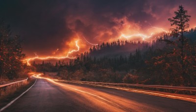 outdoors,sky,cloud,tree,no humans,cloudy sky,grass,nature,scenery,forest,sunset,electricity,road,bush,lightning,red sky,pine tree,fire,mountain,fence,bridge,river,landscape,path,guard rail