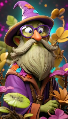 solo,looking at viewer,long sleeves,1boy,hat,holding,purple eyes,upper body,flower,white hair,grey hair,male focus,glasses,wide sleeves,blurry,witch hat,blurry background,colored skin,facial hair,bug,staff,beard,robe,round eyewear,mustache,purple flower,purple headwear,green skin,old,wizard hat,wizard,artist name,depth of field,watermark,web address,holding flower