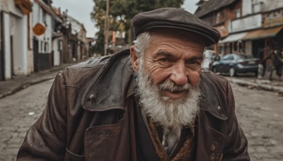 solo,shirt,1boy,hat,closed mouth,jacket,closed eyes,upper body,white hair,male focus,outdoors,necktie,day,collared shirt,blurry,vest,tree,coat,black headwear,blurry background,facial hair,beret,ground vehicle,building,facing viewer,motor vehicle,beard,brown jacket,realistic,mustache,car,road,manly,leather,old,old man,leather jacket,photo background,wrinkled skin,looking at viewer,smile,long sleeves,white shirt,grey hair,open clothes,lips,black jacket,leaning forward,depth of field,scar,thick eyebrows,scar on face,brown headwear,brown coat,street,brown vest