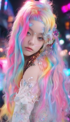 1girl,solo,long hair,looking at viewer,blue eyes,blonde hair,dress,bare shoulders,closed mouth,blue hair,upper body,pink hair,multicolored hair,blurry,lips,head tilt,grey eyes,makeup,depth of field,blurry background,wavy hair,piercing,crystal,realistic,nose,rainbow hair,hair ornament,jewelry,eyelashes,gradient hair,watermark,expressionless,web address,nose piercing