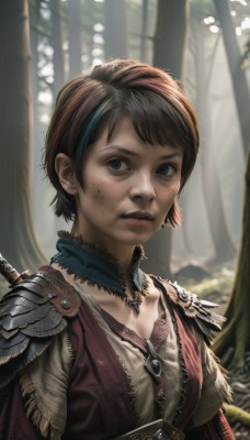 1girl,solo,breasts,looking at viewer,short hair,brown hair,brown eyes,jewelry,closed mouth,collarbone,upper body,weapon,outdoors,choker,necklace,armor,blurry,tree,lips,blurry background,shoulder armor,nature,forest,freckles,pauldrons,realistic,nose,shoulder pads,dirty,dirty face,black hair,multicolored hair,sword,black eyes,streaked hair