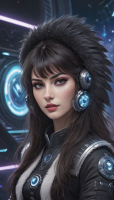 1girl,solo,long hair,looking at viewer,bangs,brown hair,black hair,brown eyes,jacket,upper body,parted lips,artist name,black eyes,lips,black jacket,fur trim,eyelashes,makeup,headphones,lipstick,eyeshadow,freckles,science fiction,realistic,nose,red lips,eyeliner,breasts,jewelry,signature,hood,necklace,from side,coat,grey eyes,headgear,thick eyebrows,hooded jacket,hood up,black coat,mascara