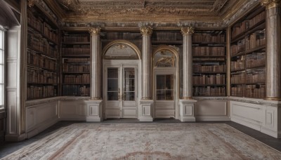 day,indoors,book,no humans,window,sunlight,scenery,stairs,door,bookshelf,architecture,shelf,pillar,library,carpet,wooden floor,rug,column