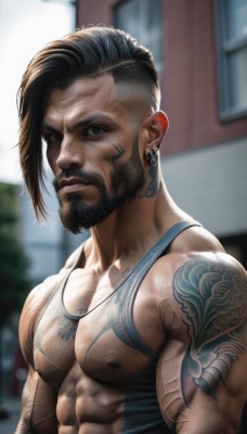 solo,looking at viewer,short hair,black hair,1boy,jewelry,nipples,upper body,male focus,earrings,outdoors,day,necklace,blurry,tattoo,muscular,blurry background,facial hair,piercing,abs,tank top,pectorals,muscular male,bara,beard,large pectorals,veins,mature male,realistic,nose,mustache,arm tattoo,manly,bare pectorals,shoulder tattoo,undercut,white tank top,chest hair,biceps,chest tattoo,mohawk,closed mouth,dark skin,scar,dark-skinned male,ear piercing,scar on face