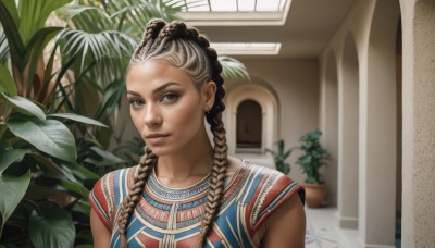 1girl,solo,long hair,looking at viewer,smile,brown hair,black hair,brown eyes,jewelry,upper body,braid,multicolored hair,earrings,sleeveless,indoors,dark skin,blurry,twin braids,two-tone hair,dark-skinned female,lips,window,plant,freckles,realistic,nose,door,potted plant,multiple braids,closed mouth,leaf,piercing,portrait,dreadlocks