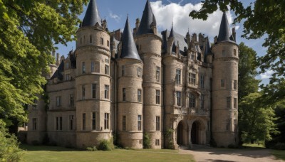 outdoors,sky,day,cloud,tree,blue sky,no humans,window,shadow,cloudy sky,grass,building,nature,scenery,forest,road,bush,castle,tower,path,arch,signature,fantasy,architecture