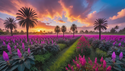 flower, outdoors, sky, cloud, tree, no humans, cloudy sky, grass, nature, scenery, sunset, palm tree, field