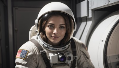 1girl,solo,looking at viewer,smile,brown hair,brown eyes,upper body,parted lips,blurry,lips,blurry background,helmet,reflection,science fiction,realistic,american flag,spacesuit,japanese flag,space helmet,astronaut,short hair,teeth,indoors,grin,portrait,nose,camera,space,dirty,spacecraft,pilot