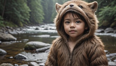 1girl,solo,looking at viewer,short hair,brown hair,black hair,brown eyes,closed mouth,upper body,outdoors,day,hood,blurry,tree,lips,depth of field,blurry background,nature,snow,hood up,forest,zipper,rock,animal hood,realistic,nose,animal costume,water,child,fur,wolf,pelt