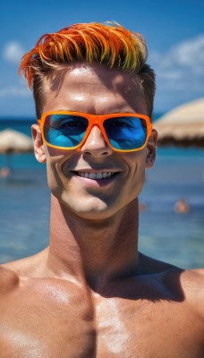 solo,looking at viewer,smile,short hair,blue eyes,brown hair,1boy,collarbone,upper body,male focus,multicolored hair,outdoors,sky,teeth,day,shiny,water,orange hair,grin,blurry,two-tone hair,blue sky,muscular,depth of field,blurry background,facial hair,ocean,beach,sunglasses,pectorals,portrait,topless male,realistic,cloud,undercut