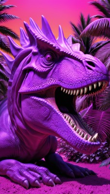 solo,open mouth,tail,horns,teeth,tongue,tongue out,tree,no humans,saliva,fangs,pink background,sharp teeth,claws,spikes,monster,palm tree,scales,dinosaur,looking at viewer,purple eyes,full body,outdoors,pink eyes,pokemon (creature),realistic,shell