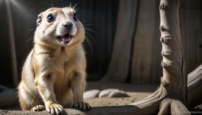 HQ,open mouth,blue eyes,teeth,artist name,indoors,signature,blurry,no humans,bed,animal,fangs,watermark,cat,curtains,web address,claws,realistic,animal focus,whiskers,horror (theme),solo,looking at viewer,deviantart username