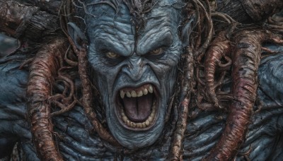 solo,looking at viewer,open mouth,1boy,yellow eyes,upper body,male focus,teeth,pointy ears,no humans,colored skin,fangs,portrait,tentacles,close-up,monster,realistic,blue skin,cable,alien,tongue,artist name,signature,angry,colored sclera,veins,horror (theme)