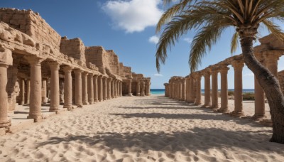 outdoors,sky,day,cloud,water,tree,blue sky,no humans,shadow,ocean,beach,scenery,sand,palm tree,horizon,ruins,pillar,statue,arch,column,cloudy sky,rock,stairs,desert