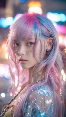 1girl,solo,long hair,looking at viewer,bangs,brown eyes,jewelry,closed mouth,blue hair,upper body,pink hair,multicolored hair,earrings,blunt bangs,necklace,blurry,from side,two-tone hair,lips,looking to the side,makeup,depth of field,blurry background,piercing,ear piercing,realistic,nose,bokeh,artist name,watermark,portrait,web address