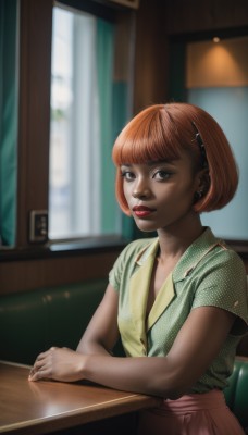 1girl,solo,looking at viewer,short hair,bangs,skirt,brown hair,shirt,hair ornament,brown eyes,jewelry,sitting,upper body,short sleeves,earrings,parted lips,hairclip,indoors,dark skin,blunt bangs,orange hair,blurry,black eyes,apron,dark-skinned female,cup,lips,window,makeup,blurry background,table,bob cut,lipstick,waist apron,freckles,realistic,nose,green shirt,red lips,artist name