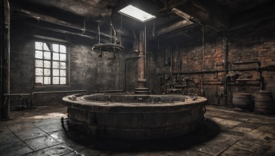 day,indoors,no humans,window,sunlight,scenery,tiles,tile floor,ruins,brick wall,barrel,crate,chair,table,candle,wall,candlestand,chandelier