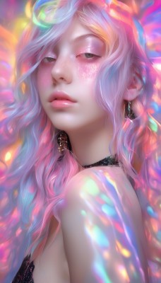 1girl,solo,long hair,breasts,looking at viewer,bare shoulders,jewelry,upper body,pink hair,multicolored hair,earrings,parted lips,choker,bra,black eyes,from side,lips,makeup,black choker,eyeshadow,freckles,realistic,nose,eyelashes,wavy hair