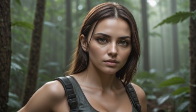 1girl,solo,long hair,looking at viewer,brown hair,bare shoulders,brown eyes,jewelry,closed mouth,collarbone,upper body,earrings,outdoors,blurry,tree,lips,depth of field,blurry background,tank top,portrait,nature,forehead,forest,realistic,nose,stud earrings,breasts,cleavage,day,leaf,sunlight