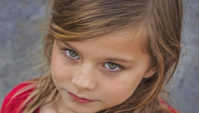 1girl,solo,long hair,looking at viewer,bangs,blonde hair,brown hair,brown eyes,closed mouth,blurry,lips,eyelashes,swept bangs,portrait,close-up,freckles,realistic,nose