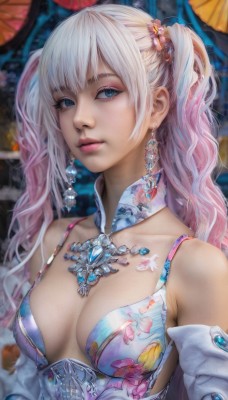 1girl,solo,long hair,breasts,looking at viewer,bangs,blue eyes,hair ornament,cleavage,bare shoulders,twintails,jewelry,medium breasts,closed mouth,collarbone,upper body,pink hair,white hair,multicolored hair,earrings,detached sleeves,necklace,blurry,two-tone hair,lips,eyelashes,makeup,detached collar,gem,pink lips,realistic,nose,flower,hair flower,bra,wavy hair