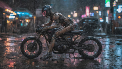 1girl, solo, outdoors, blurry, night, helmet, ground vehicle, motor vehicle, science fiction, rain, city, motorcycle, cyberpunk