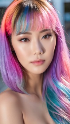 1girl,solo,long hair,breasts,looking at viewer,bangs,brown hair,cleavage,bare shoulders,brown eyes,medium breasts,closed mouth,blue hair,collarbone,upper body,pink hair,nude,multicolored hair,blunt bangs,blurry,two-tone hair,lips,eyelashes,gradient hair,makeup,blurry background,portrait,realistic,nose,rainbow hair,artist name,depth of field,watermark