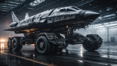 signature,no humans,window,ground vehicle,scenery,motor vehicle,science fiction,realistic,aircraft,military vehicle,car,vehicle focus,spacecraft,lights,wheel,indoors,military,reflection,rain