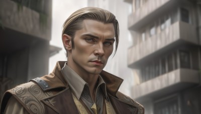 solo,looking at viewer,short hair,brown hair,shirt,1boy,brown eyes,jewelry,closed mouth,jacket,upper body,grey hair,male focus,earrings,outdoors,necktie,day,collared shirt,blurry,lips,grey eyes,blurry background,building,portrait,brown jacket,realistic,blue eyes,blonde hair,white shirt,depth of field,very short hair