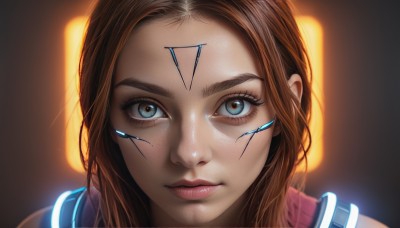 1girl,solo,long hair,looking at viewer,blue eyes,brown hair,closed mouth,blurry,lips,eyelashes,makeup,blurry background,headphones,facial mark,portrait,close-up,forehead,freckles,forehead mark,realistic,nose,red lips,straight-on,artist name,glowing,expressionless,backlighting,science fiction,android