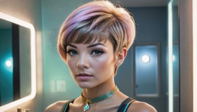 1girl,solo,looking at viewer,smile,short hair,bangs,blue eyes,blonde hair,brown hair,bare shoulders,jewelry,collarbone,multicolored hair,earrings,parted lips,choker,necklace,lips,eyelashes,makeup,lipstick,portrait,eyeshadow,realistic,nose,very short hair,mascara,closed mouth,upper body,artist name,indoors,blurry,gem,pink lips