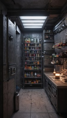 indoors,cup,no humans,bottle,box,scenery,alcohol,door,tiles,light,lamp,shelf,wine bottle,jar,bar (place),sink,ceiling light,refrigerator,cabinet,window,can,clock,tile floor,kitchen,shop,soda can,trash can,kettle,stove