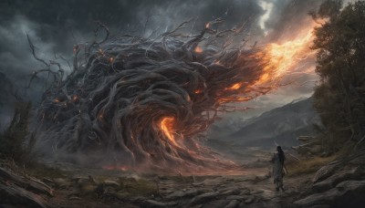 solo,long hair,black hair,1boy,holding,standing,weapon,outdoors,sky,sword,cloud,from behind,tree,glowing,cloudy sky,fire,nature,scenery,1other,forest,monster,mountain,fantasy,dragon,giant,oversized animal,eldritch abomination,cloak,rain