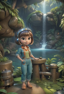 1girl,solo,looking at viewer,smile,short hair,bangs,brown hair,shirt,brown eyes,standing,jacket,full body,outdoors,open clothes,shoes,day,belt,pants,blunt bangs,water,black eyes,open jacket,glowing,headphones,leaf,brown footwear,sandals,plant,child,nature,scenery,sleeves rolled up,pocket,hand in pocket,rock,female child,brown belt,overalls,jumpsuit,waterfall,lily pad,barrel,short sleeves,parted lips,teeth,tree,bob cut,suspenders,denim,orange shirt,log