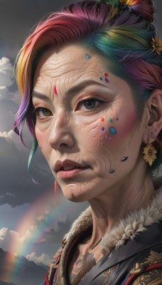 1girl,solo,looking at viewer,short hair,hair ornament,jewelry,green eyes,pink hair,purple hair,flower,red hair,multicolored hair,earrings,parted lips,green hair,sky,teeth,cloud,black eyes,two-tone hair,lips,grey eyes,fur trim,makeup,facial mark,cloudy sky,portrait,realistic,nose,rainbow,rainbow hair,artist name,hair flower,eyelashes,facial hair,heterochromia,single hair bun,sunflower,hair stick,facepaint