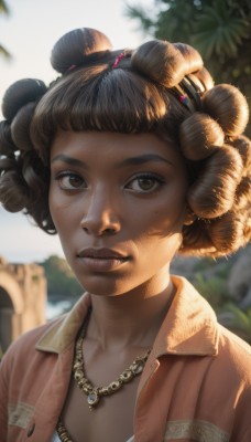 1girl,solo,looking at viewer,short hair,brown hair,shirt,black hair,hair ornament,brown eyes,jewelry,jacket,upper body,earrings,outdoors,open clothes,solo focus,day,dark skin,necklace,hair bun,mole,blurry,dark-skinned female,lips,eyelashes,double bun,depth of field,blurry background,leaf,sunlight,portrait,freckles,curly hair,realistic,nose,dappled sunlight,very dark skin,dreadlocks,breasts,bangs,cleavage,collarbone,parted lips,teeth,artist name,mole under eye,watermark,brown jacket