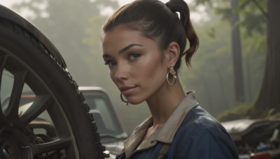 1girl,solo,looking at viewer,smile,short hair,brown hair,shirt,black hair,brown eyes,jewelry,closed mouth,jacket,upper body,ponytail,earrings,outdoors,day,collared shirt,artist name,dark skin,blurry,black eyes,dark-skinned female,tree,lips,depth of field,blurry background,ground vehicle,portrait,motor vehicle,hoop earrings,realistic,nose,car,steering wheel,freckles,short ponytail