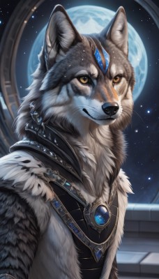 solo,looking at viewer,1boy,jewelry,closed mouth,yellow eyes,upper body,male focus,sky,artist name,signature,necklace,no humans,night,animal,moon,gem,star (sky),night sky,furry,full moon,pendant,starry sky,furry male,animal focus,white fur,wolf,blue gemstone,black fur,grey fur,teeth,fur trim