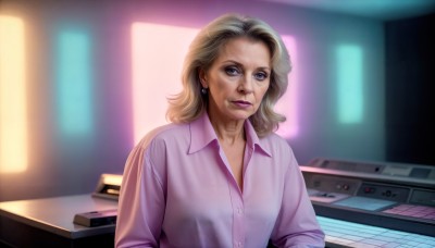 HQ,1girl,solo,looking at viewer,short hair,blue eyes,blonde hair,shirt,jewelry,sitting,upper body,grey hair,earrings,collared shirt,indoors,medium hair,blurry,lips,dress shirt,makeup,buttons,blurry background,chair,lipstick,desk,freckles,realistic,nose,computer,old,monitor,keyboard (computer),old woman,wrinkled skin,eyeshadow,pink shirt