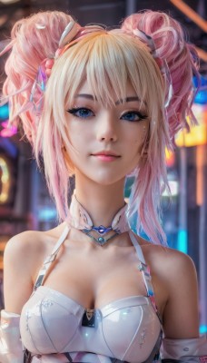 1girl,solo,breasts,looking at viewer,smile,bangs,blue eyes,blonde hair,hair ornament,cleavage,bare shoulders,twintails,medium breasts,closed mouth,collarbone,upper body,pink hair,multicolored hair,detached sleeves,artist name,hair bun,blurry,two-tone hair,lips,eyelashes,double bun,gradient hair,makeup,blurry background,eyeshadow,realistic,nose,mascara,sidelocks,small breasts,choker,mole,depth of field,light smile,pink lips