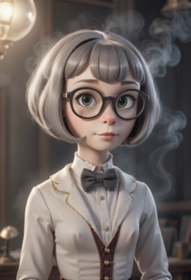 1girl,solo,breasts,looking at viewer,smile,short hair,bangs,shirt,long sleeves,bow,closed mouth,green eyes,jacket,white shirt,upper body,grey hair,hairband,small breasts,glasses,collared shirt,artist name,indoors,blunt bangs,bowtie,blurry,black eyes,vest,lips,grey eyes,eyelashes,black bow,makeup,buttons,depth of field,blurry background,bob cut,white jacket,steam,smoke,freckles,black-framed eyewear,black bowtie,nose,round eyewear,lamp,light bulb,watermark,formal,thick eyebrows,deviantart username