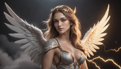 1girl,solo,long hair,breasts,looking at viewer,blue eyes,blonde hair,brown hair,cleavage,medium breasts,closed mouth,collarbone,upper body,wings,cloud,armor,lips,looking to the side,grey eyes,wavy hair,tiara,black background,shoulder armor,feathered wings,pauldrons,angel wings,realistic,nose,white wings,angel,lightning,parted lips,sky,cloudy sky,fantasy,head wreath,dark background,laurel crown