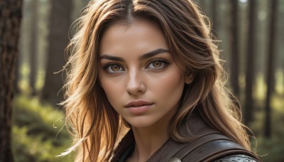 1girl,solo,long hair,looking at viewer,blonde hair,brown hair,brown eyes,closed mouth,outdoors,armor,blurry,tree,lips,eyelashes,depth of field,blurry background,portrait,nature,close-up,forest,freckles,realistic,nose,parted lips,day,sunlight,thick eyebrows,feathers,forehead