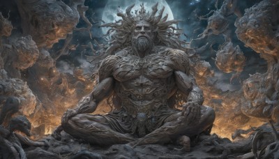 solo,long hair,open mouth,1boy,sitting,male focus,outdoors,horns,sky,barefoot,teeth,cloud,tree,muscular,night,glowing,moon,crown,star (sky),night sky,glowing eyes,full moon,starry sky,skull,monster,indian style,giant,extra arms,statue,looking at viewer,full body,colored skin,facial hair,abs,topless male,rock