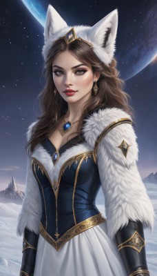 1girl,solo,long hair,breasts,looking at viewer,skirt,brown hair,dress,animal ears,cleavage,brown eyes,jewelry,medium breasts,earrings,outdoors,sky,artist name,necklace,armor,lips,fur trim,makeup,night,fake animal ears,moon,white skirt,lipstick,gem,star (sky),web address,snow,pendant,starry sky,nose,red lips,planet,earth (planet),blush,smile,long sleeves,hat,collarbone,night sky,realistic,space