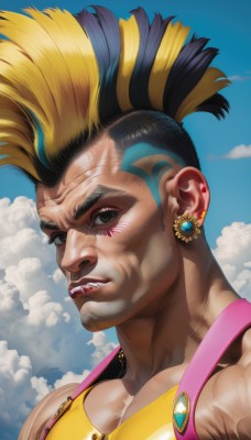 solo,looking at viewer,smile,blonde hair,black hair,1boy,brown eyes,jewelry,blue hair,upper body,ponytail,male focus,multicolored hair,earrings,parted lips,sky,teeth,day,cloud,dark skin,black eyes,two-tone hair,blue sky,lips,tattoo,makeup,muscular,piercing,thick eyebrows,cloudy sky,tank top,ear piercing,portrait,veins,nose,mascara,lip biting,mohawk,outdoors,facial mark,pectorals,muscular male,facepaint,undercut,facial tattoo