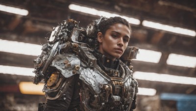 solo,short hair,brown hair,black hair,1boy,brown eyes,upper body,male focus,dark skin,armor,blurry,black eyes,lips,blurry background,dark-skinned male,science fiction,realistic,power armor,cyberpunk,1girl,looking at viewer,closed mouth,dark-skinned female,very short hair